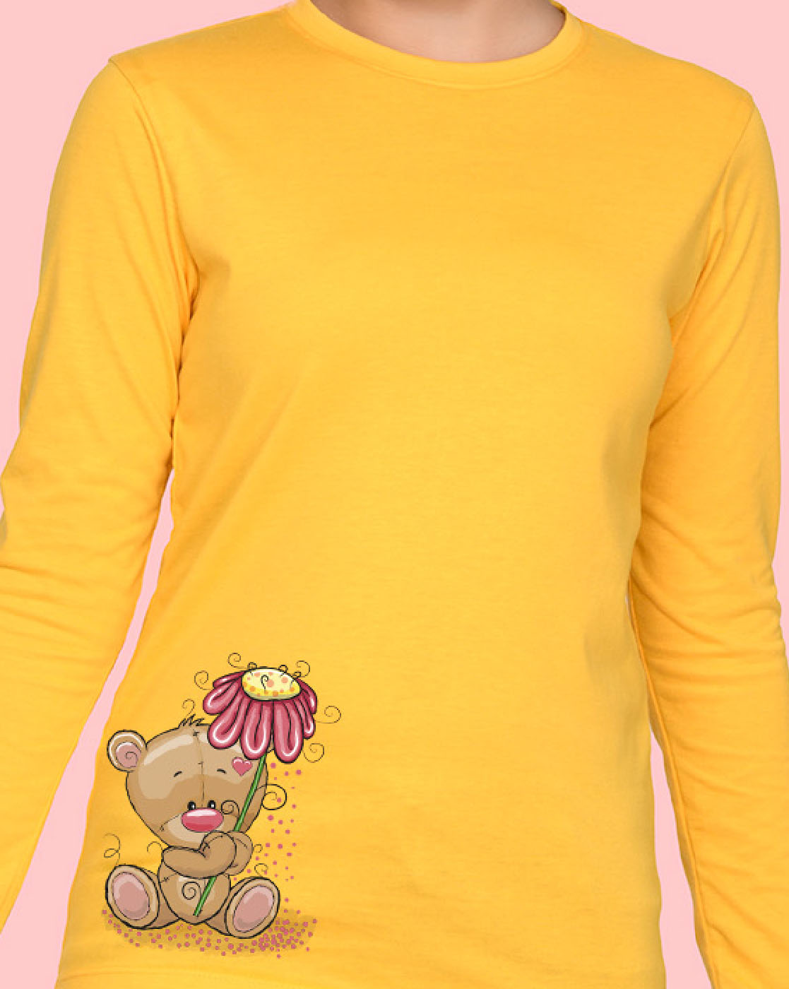 Nusyl Girls Yellow Teddy Bear Printed Full Sleeve T-shirt