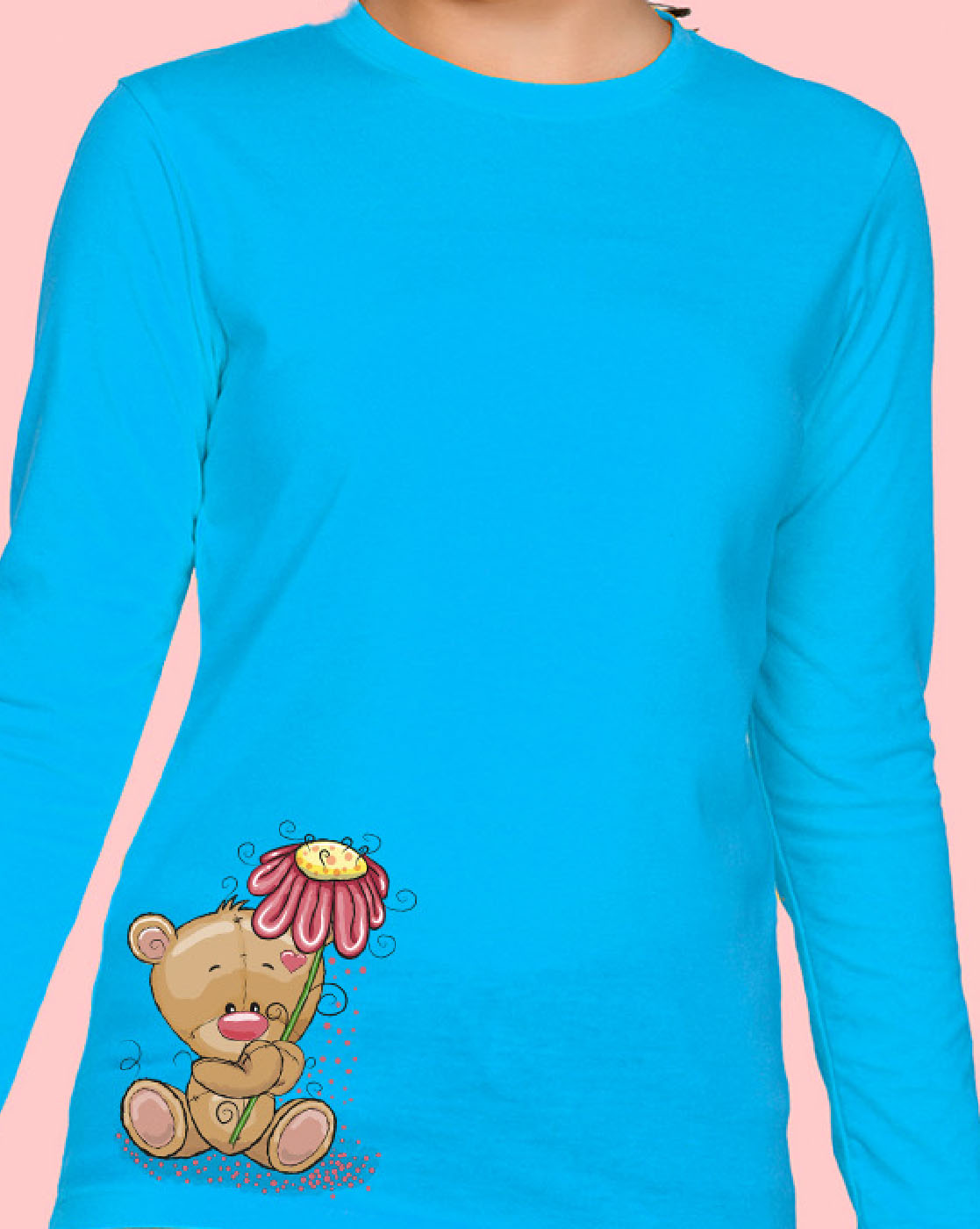Nusyl Girls Sky Blue Teddy Bear Printed Full Sleeve T-shirt