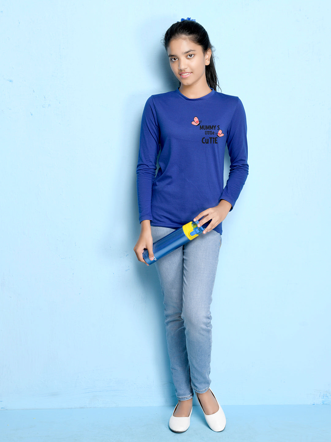 Royal Blue Text Printed Girls T-shirt