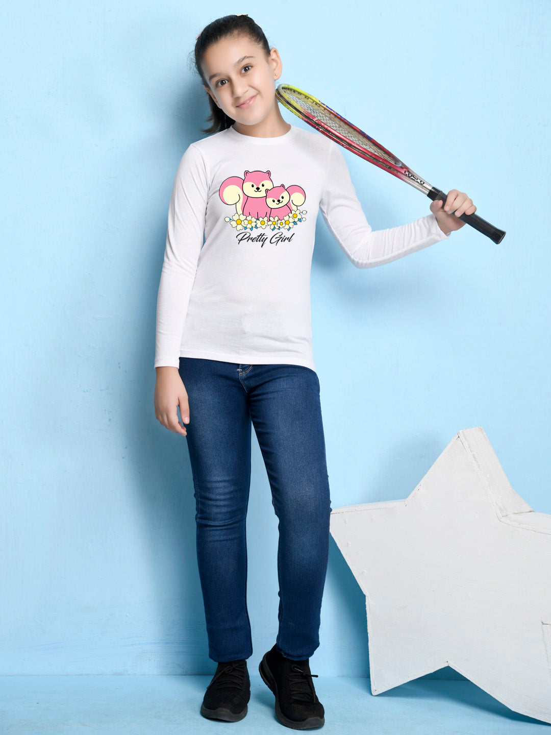 White Animal Printed Girls T-shirt