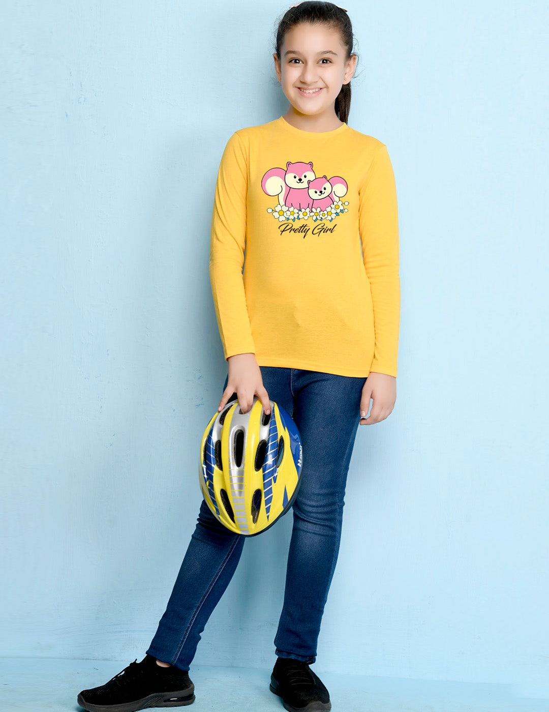 Yellow Animal Printed Girls T-shirt