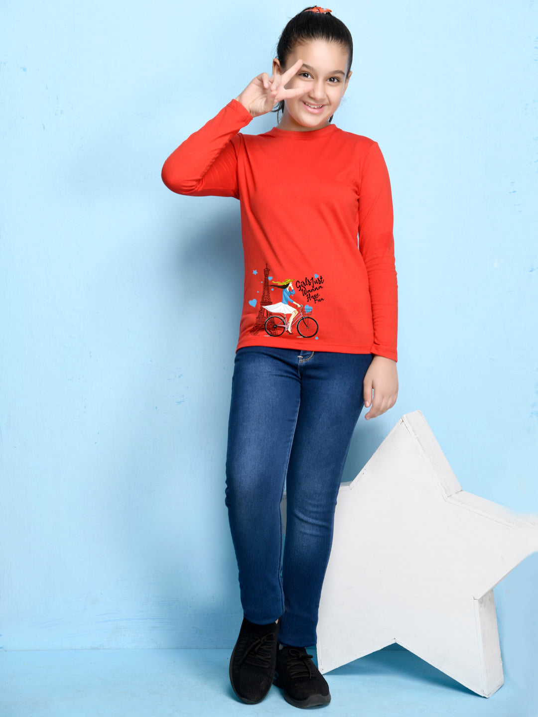 Red Cartoon Printed Girls T-shirt
