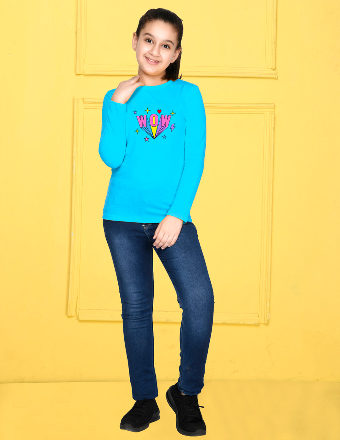 Sky Blue Text Printed Girls T-shirt