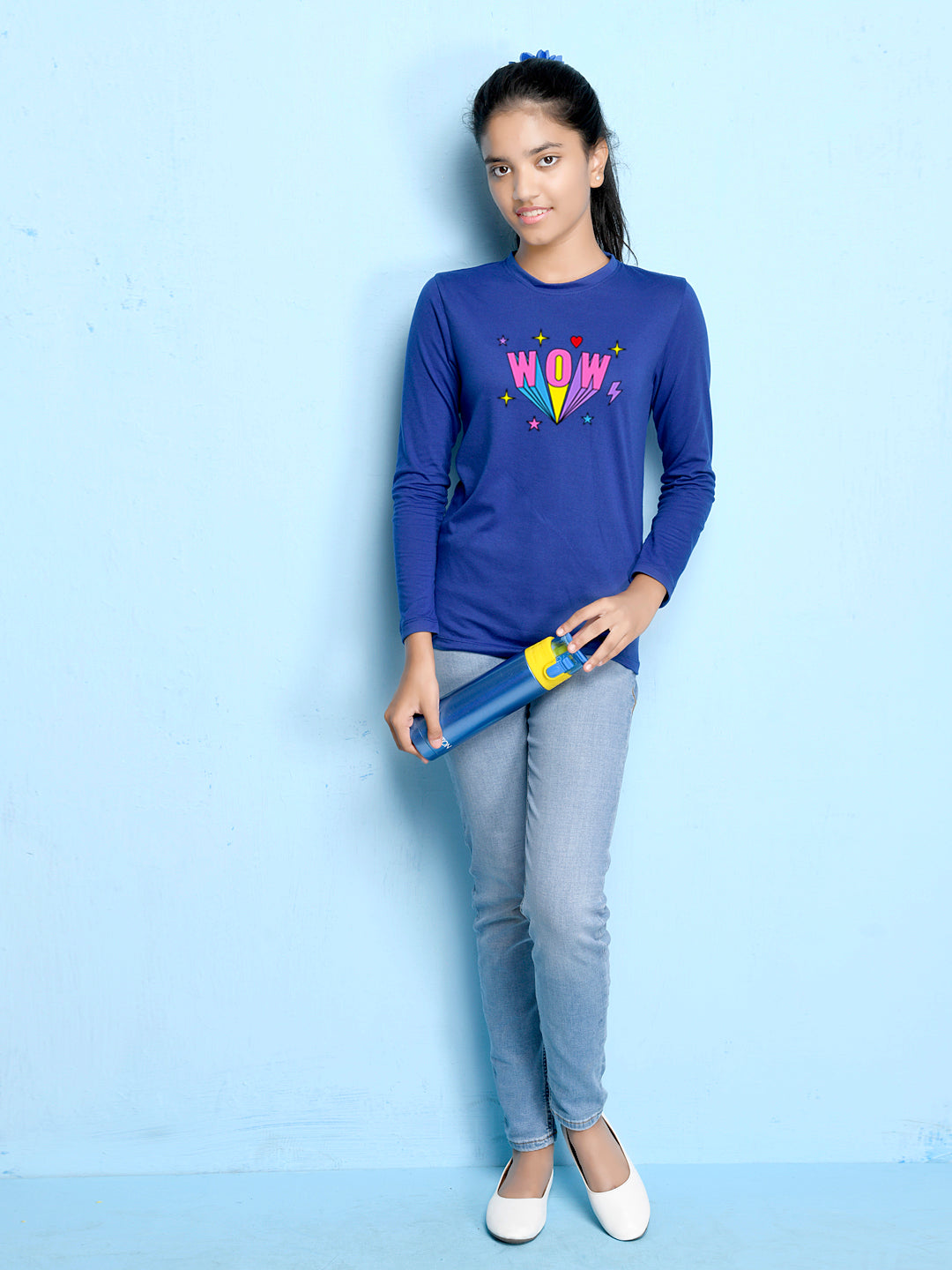 Royal Blue Text Printed Girls T-shirt