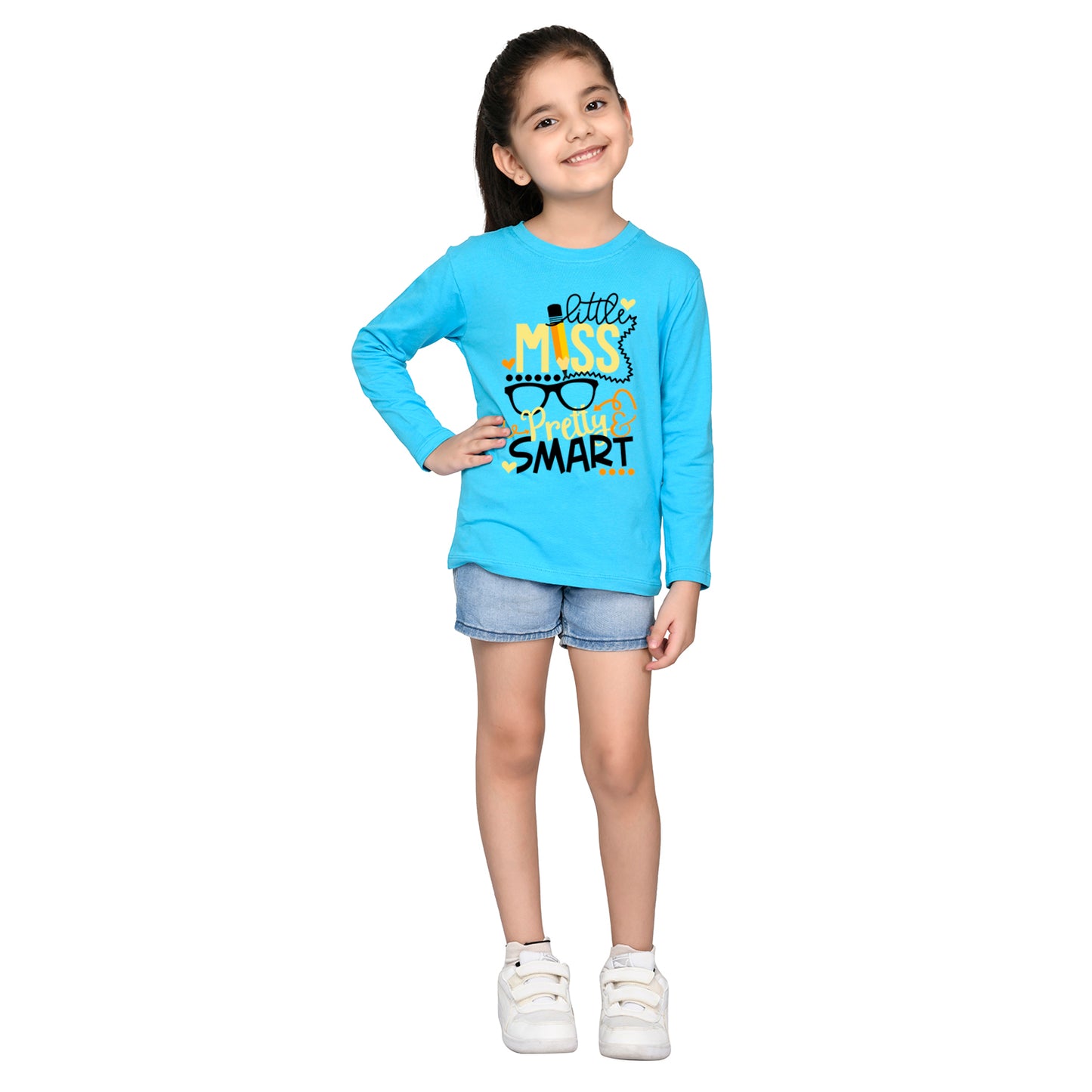 Sky Blue Text Printed Girls T-shirt