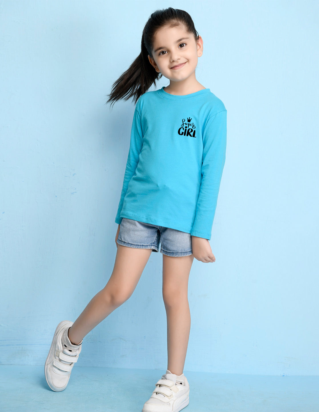 NUSYL Cotton blend full sleeves Super girl text Printed Tee-Sky Blue