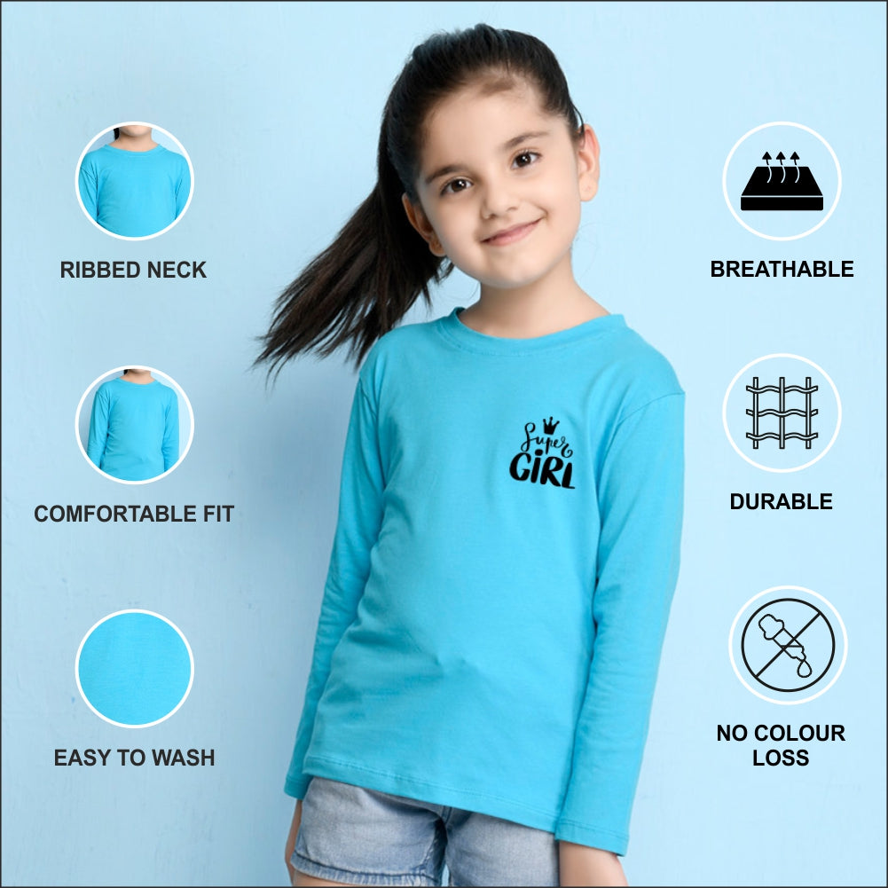 NUSYL Cotton blend full sleeves Super girl text Printed Tee-Sky Blue