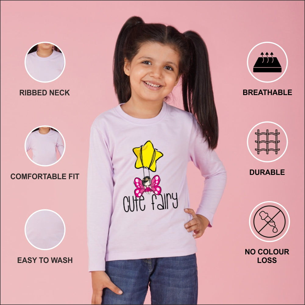 NUSYL Cotton blend full sleeves Cute fairy text Printed Tee-Lilac