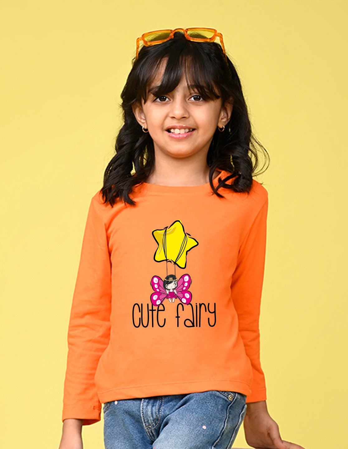 NUSYL Cotton blend full sleeves Cute fairy text Printed Tee-Orange