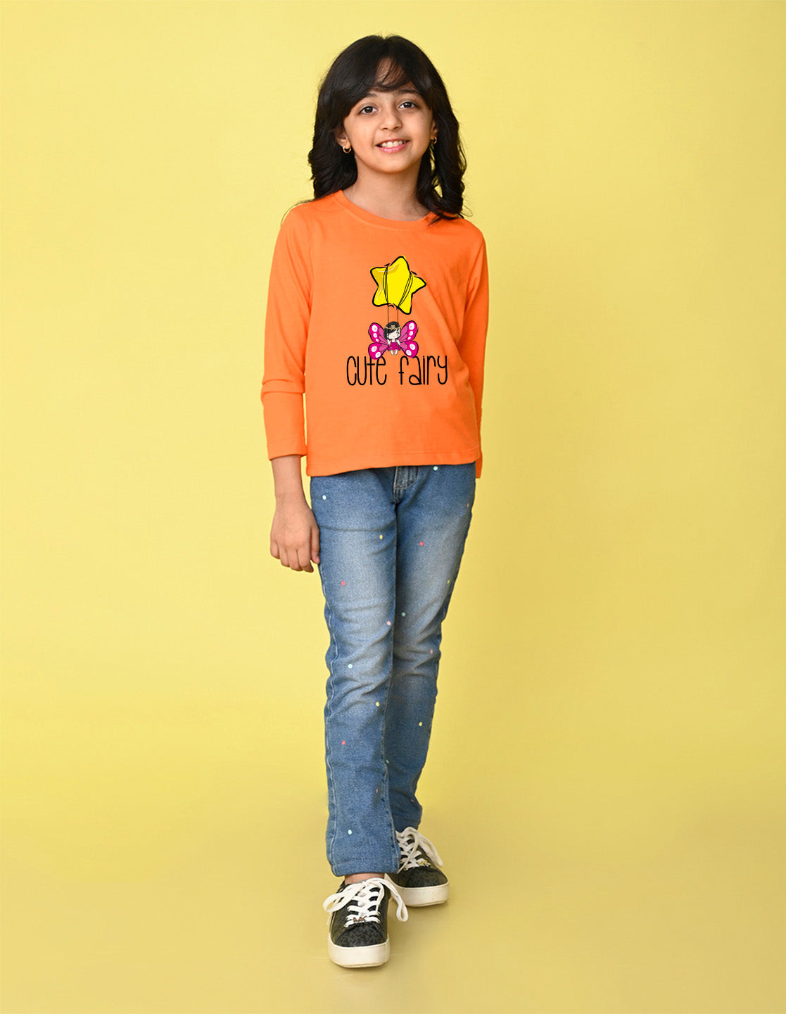 NUSYL Cotton blend full sleeves Cute fairy text Printed Tee-Orange