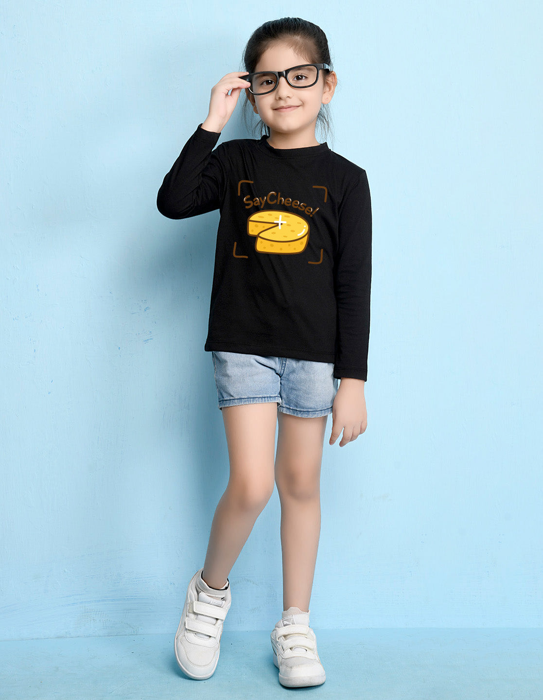NUSYL Cotton blend full sleeves Say Cheese text Printed Tee-Black