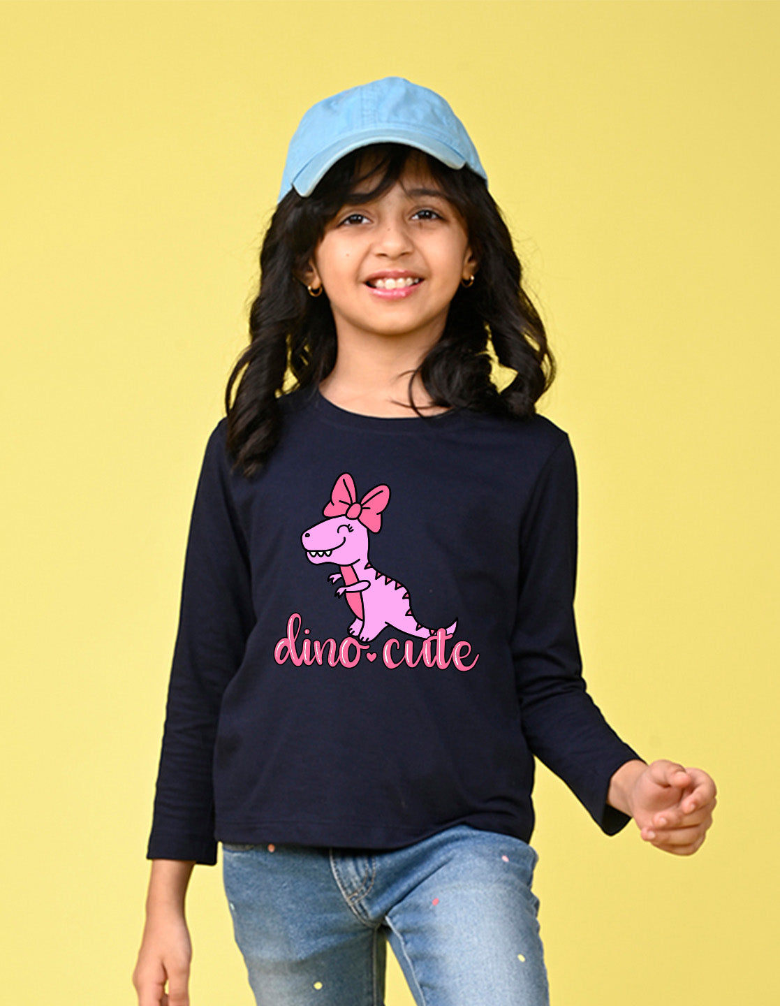 NUSYL Cotton blend full sleeves Dino cute text Printed Tee-Navy Blue