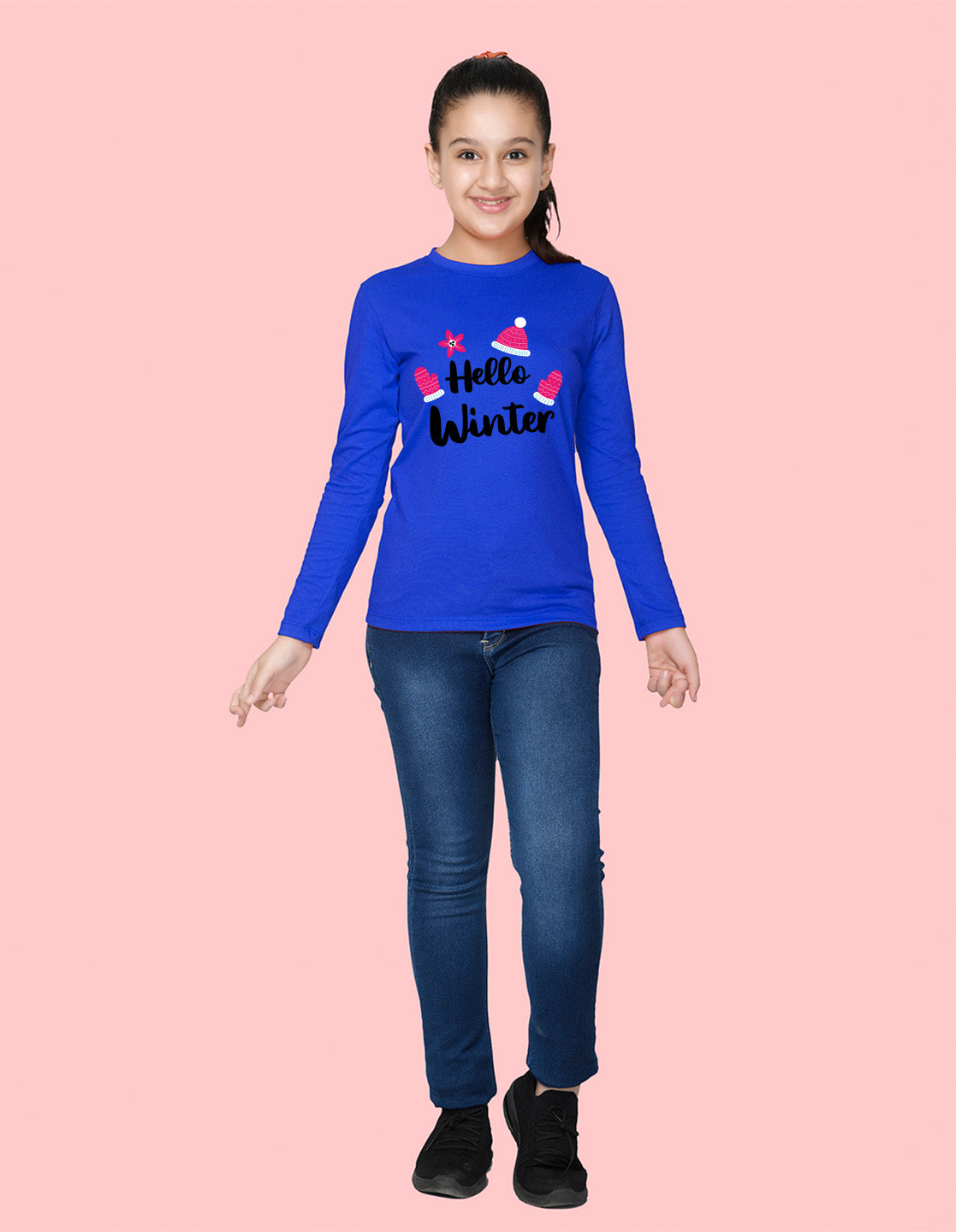 NUSYL Cotton blend full sleeves Hello winter text Printed Tee-Royal Blue
