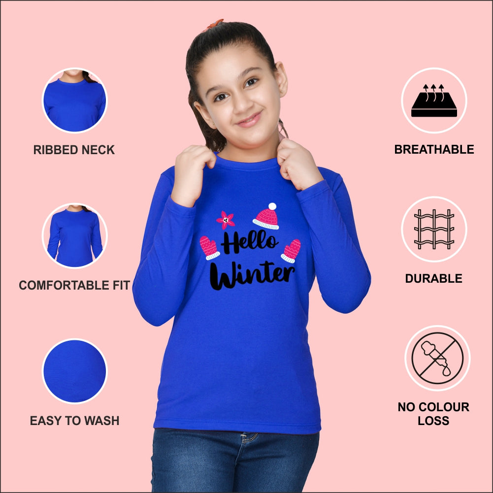 NUSYL Cotton blend full sleeves Hello winter text Printed Tee-Royal Blue