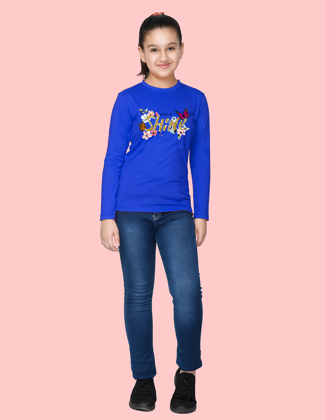 NUSYL Cotton blend full sleeves Born to shine text Printed Tee-Royal Blue