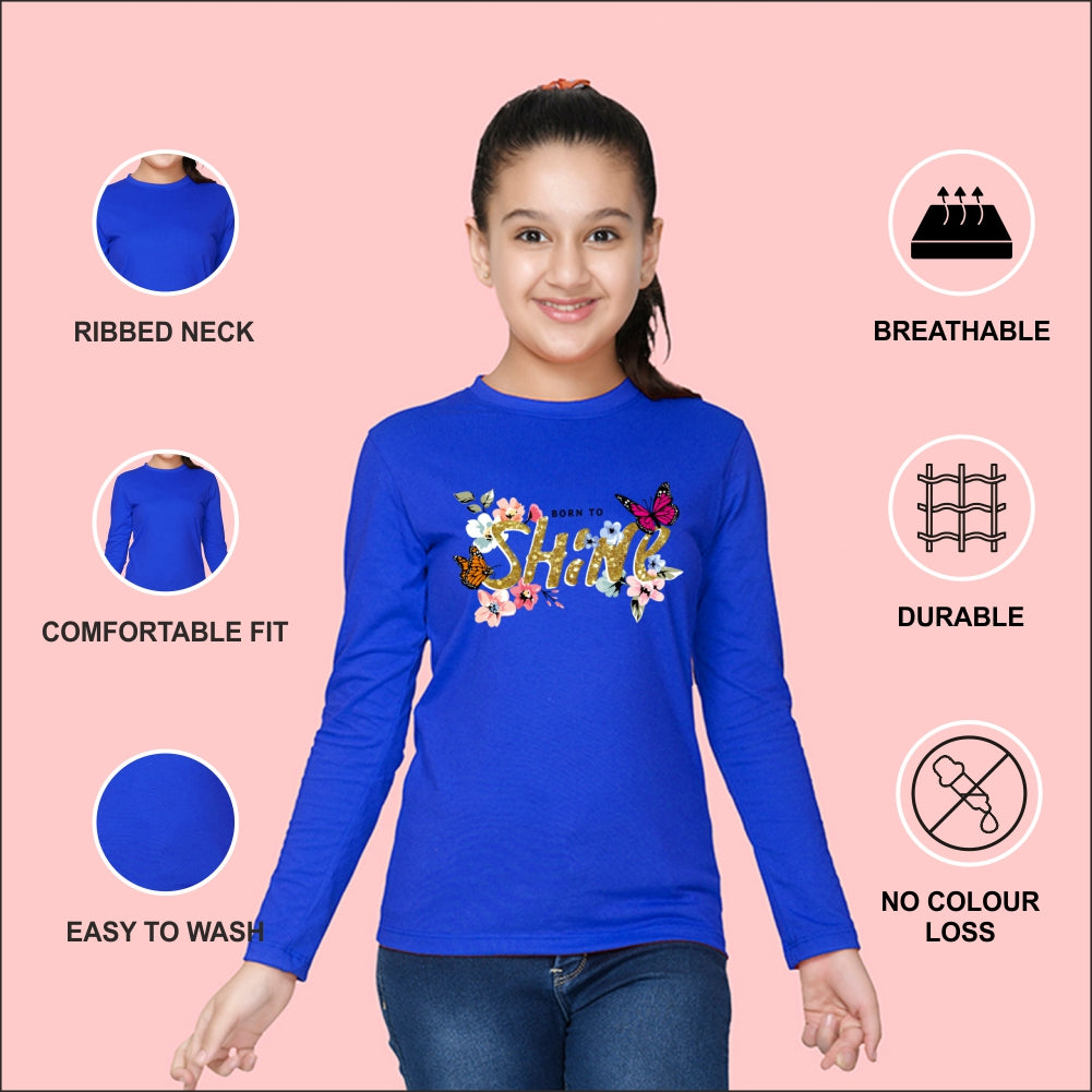 NUSYL Cotton blend full sleeves Born to shine text Printed Tee-Royal Blue