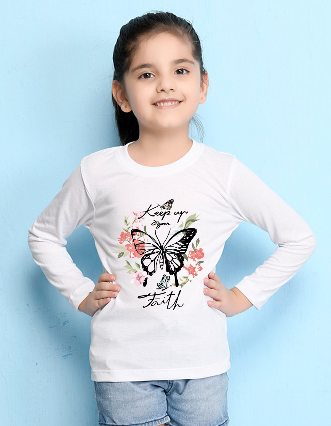 NUSYL Cotton blend full sleeves butterfly & text Printed Tee-White