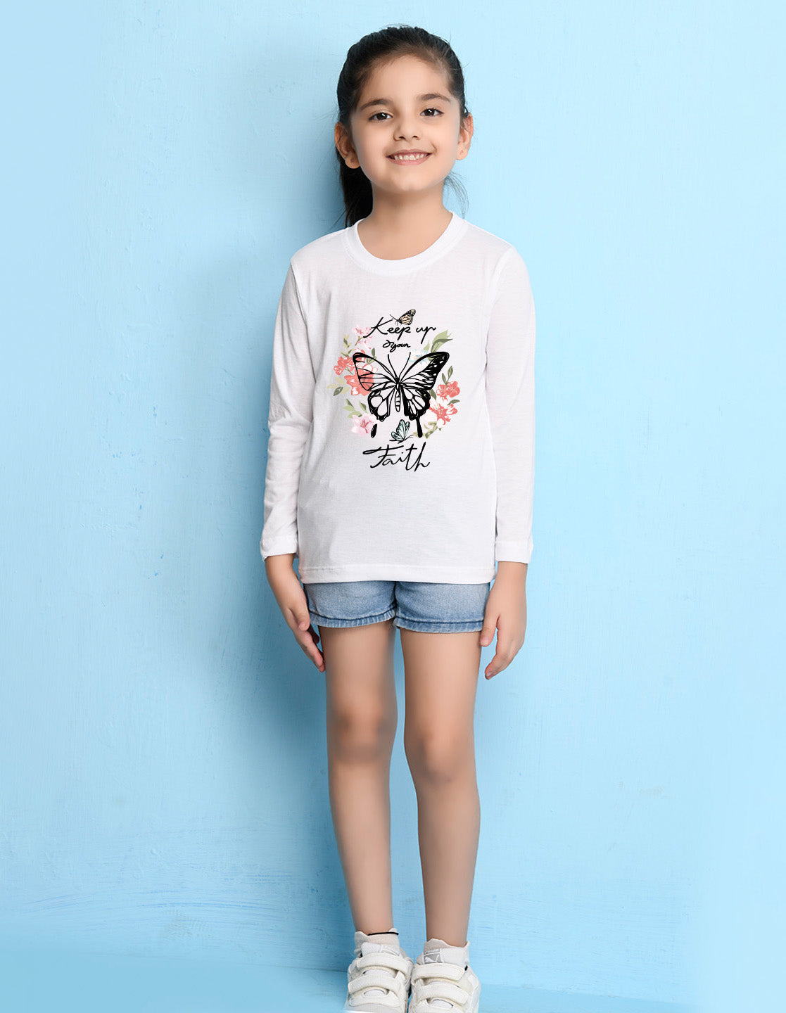 NUSYL Cotton blend full sleeves butterfly & text Printed Tee-White