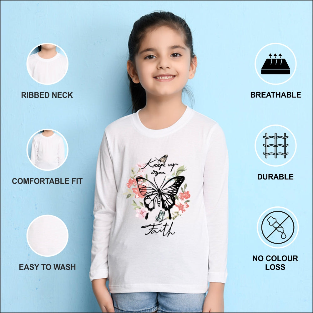 NUSYL Cotton blend full sleeves butterfly & text Printed Tee-White