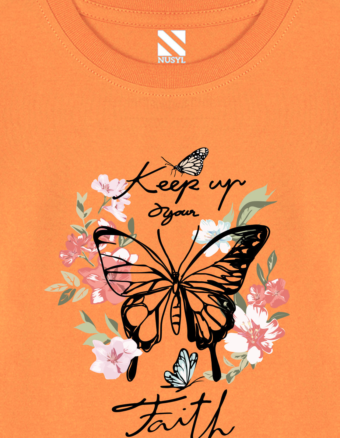 NUSYL Cotton blend full sleeves butterfly & text Printed Tee-Orange