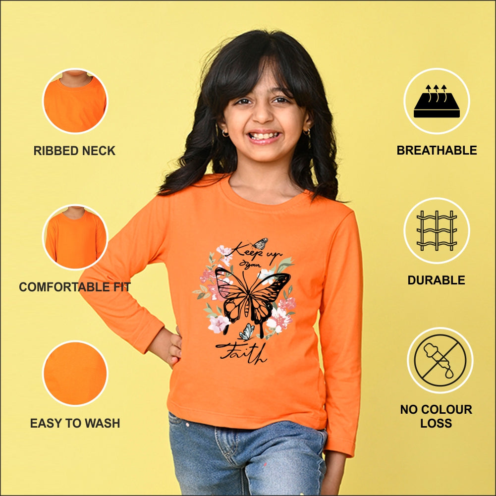 NUSYL Cotton blend full sleeves butterfly & text Printed Tee-Orange