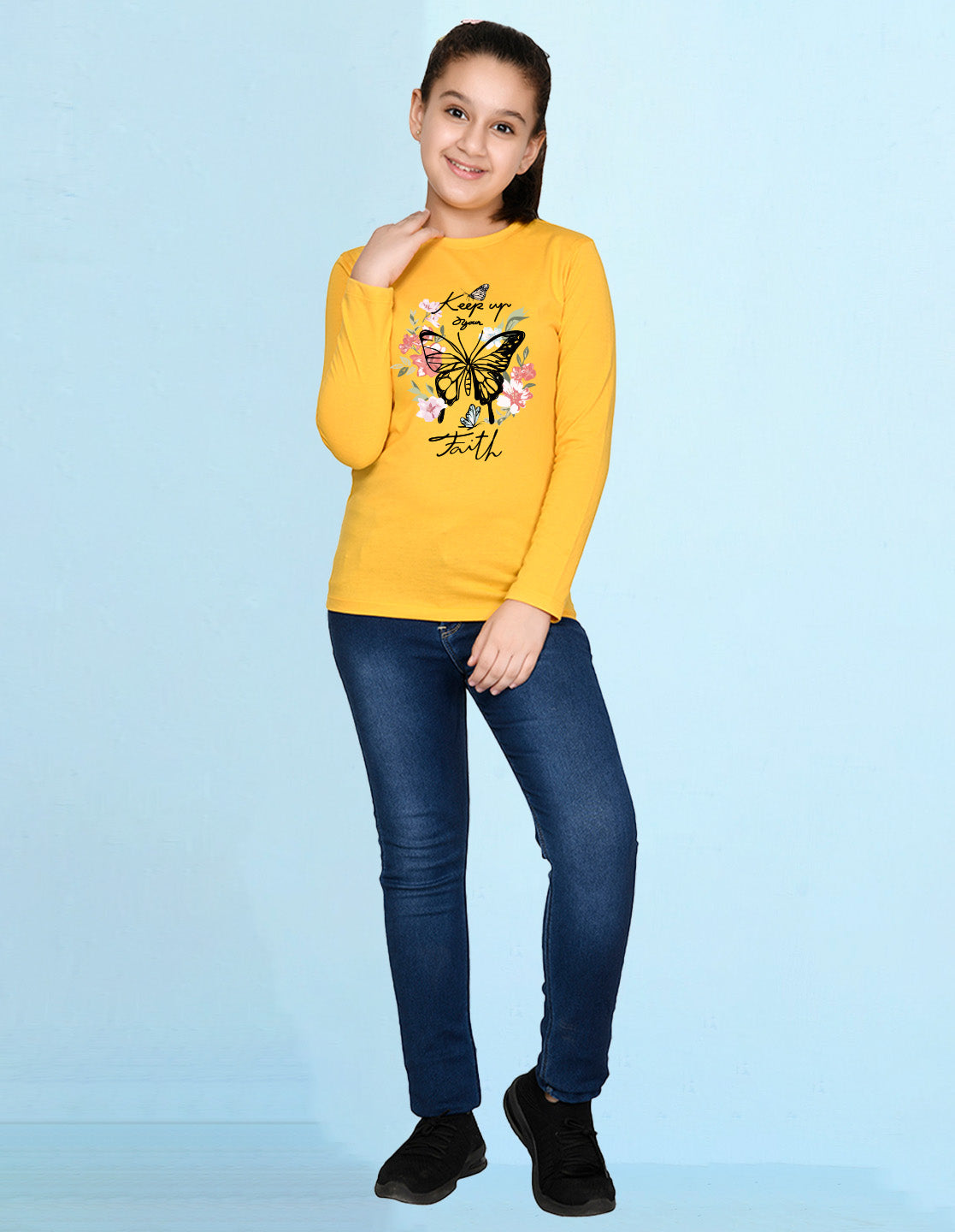 NUSYL Cotton blend full sleeves butterfly & text Printed Tee-Yellow