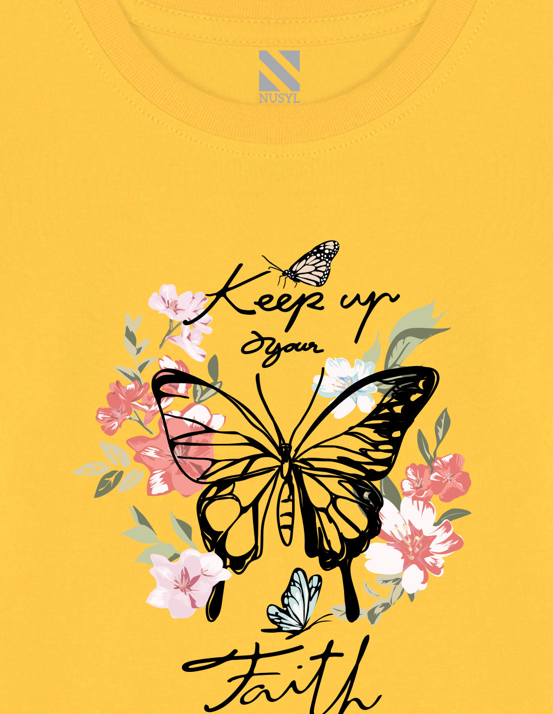 NUSYL Cotton blend full sleeves butterfly & text Printed Tee-Yellow