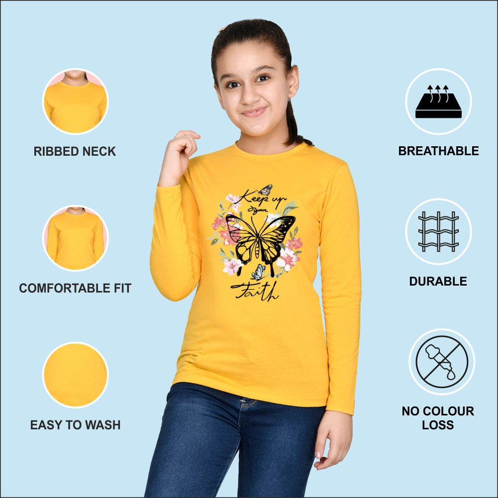 NUSYL Cotton blend full sleeves butterfly & text Printed Tee-Yellow
