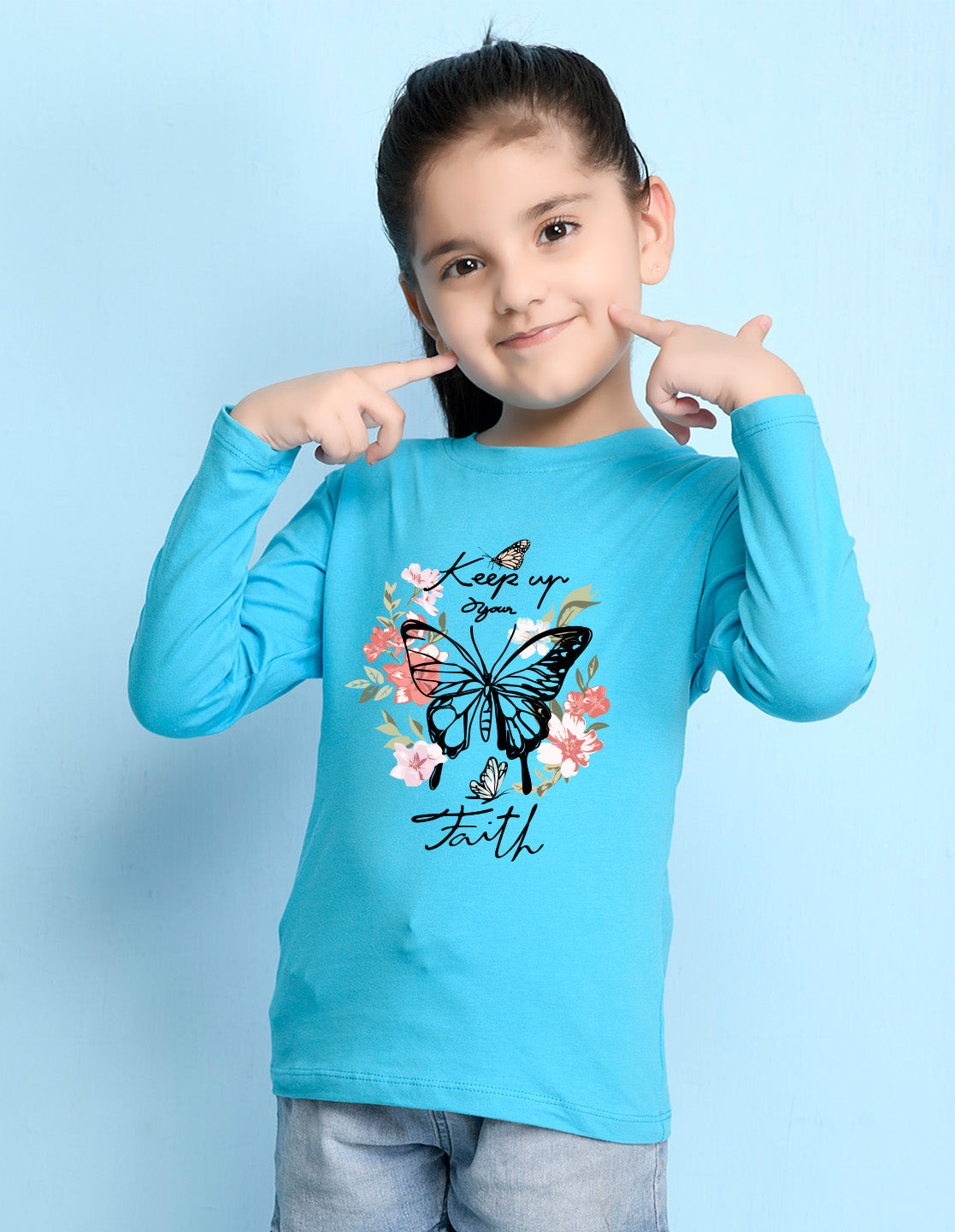 NUSYL Cotton blend full sleeves butterfly & text Printed Tee-Sky Blue