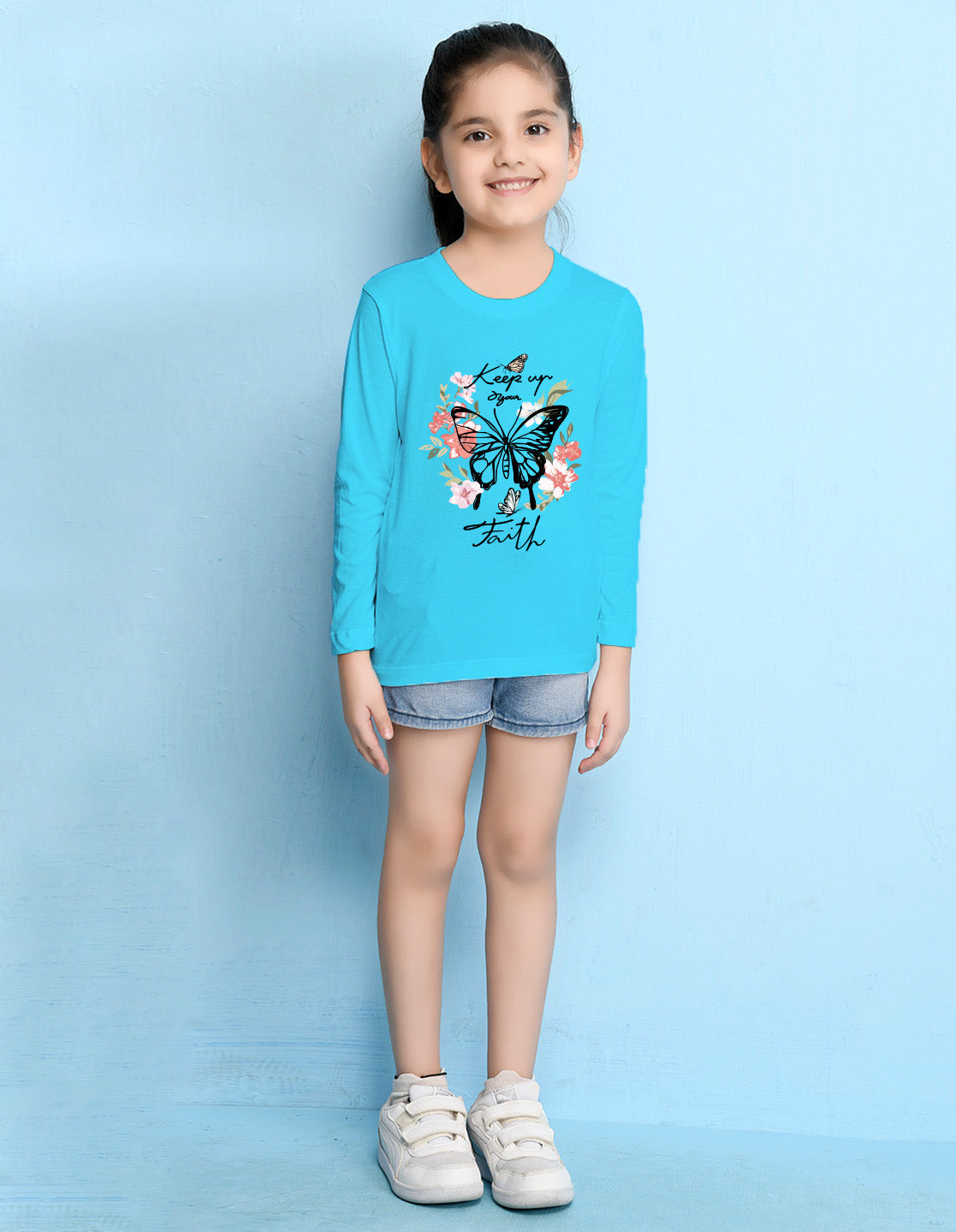 NUSYL Cotton blend full sleeves butterfly & text Printed Tee-Sky Blue