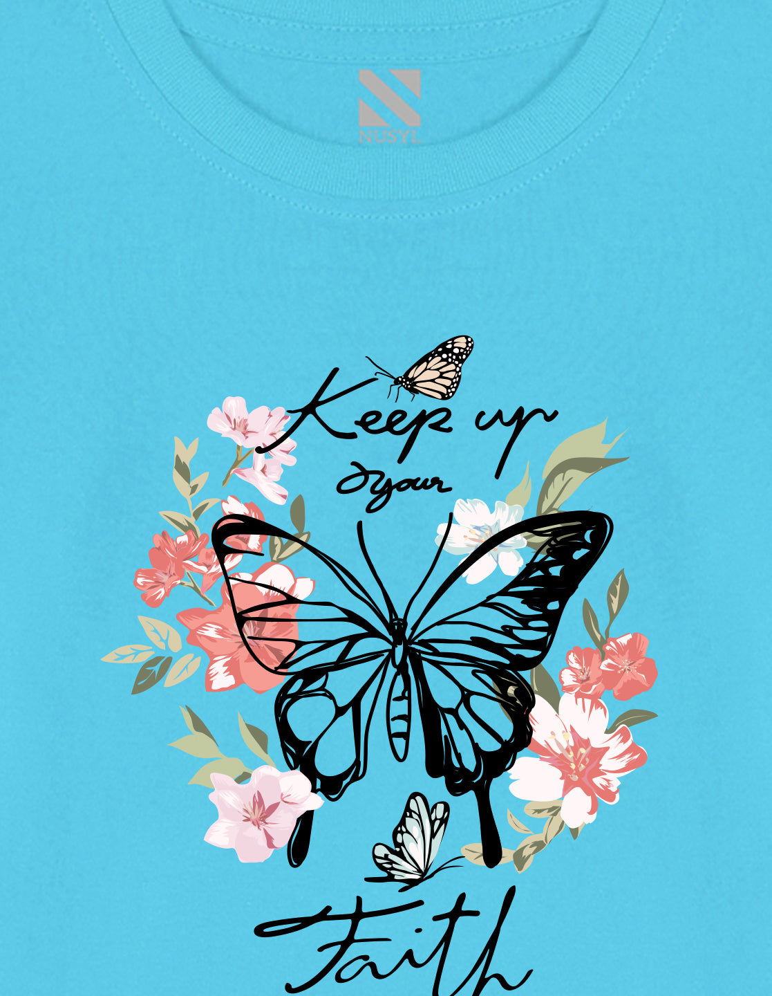 NUSYL Cotton blend full sleeves butterfly & text Printed Tee-Sky Blue