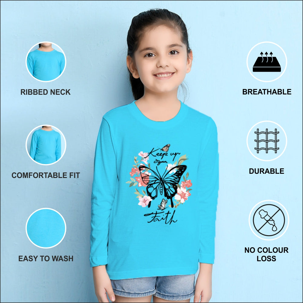 NUSYL Cotton blend full sleeves butterfly & text Printed Tee-Sky Blue