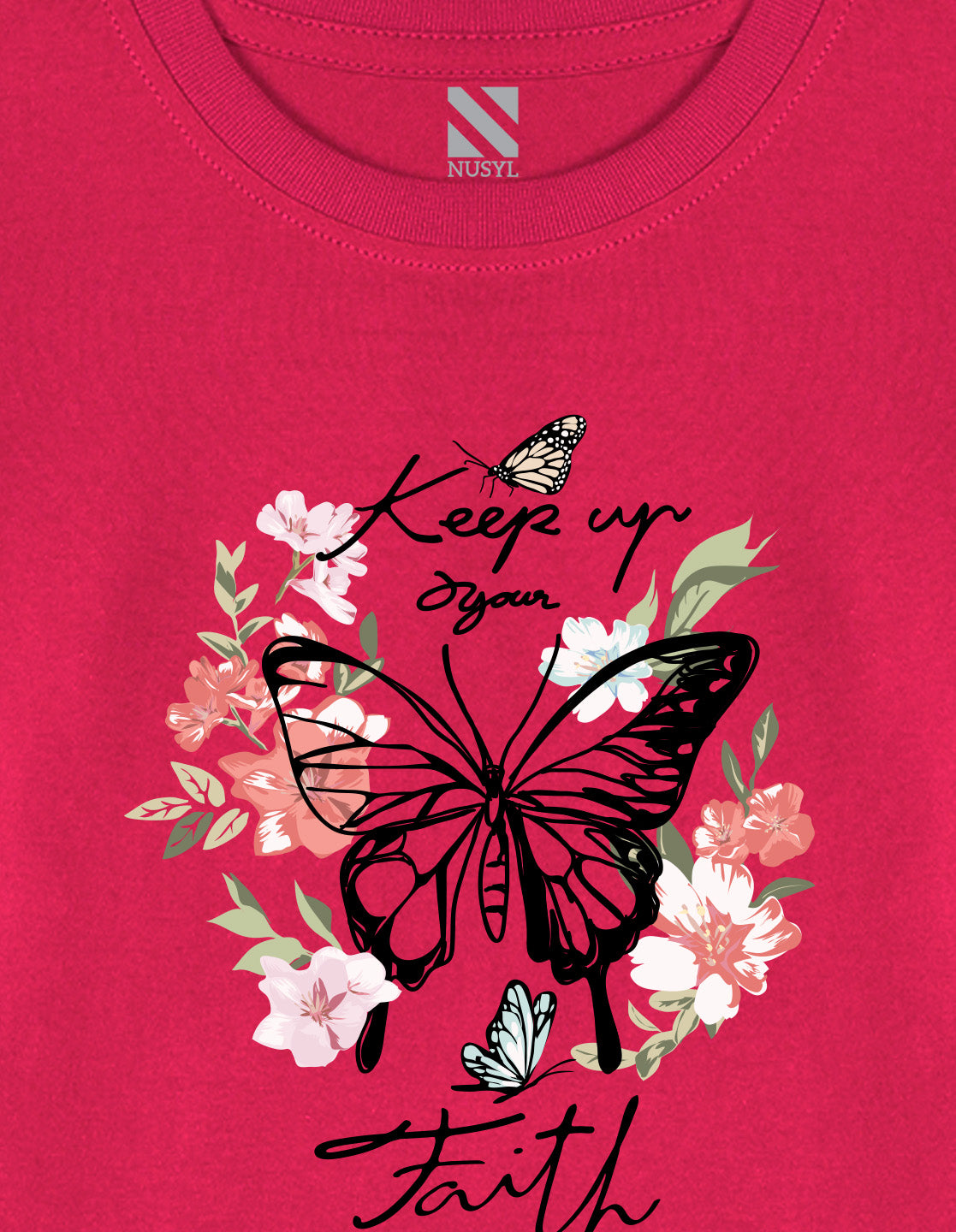NUSYL Cotton blend full sleeves butterfly & text Printed Tee-Hot Pink