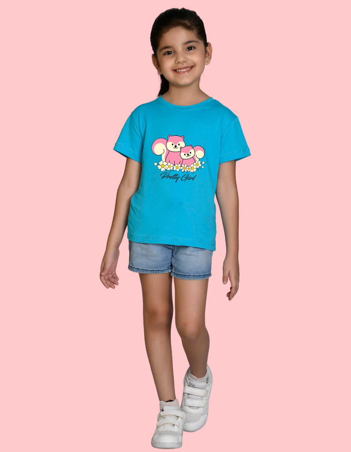 NUSYL Girls Half Sleeves Blue Pretty girl printed T-shirt
