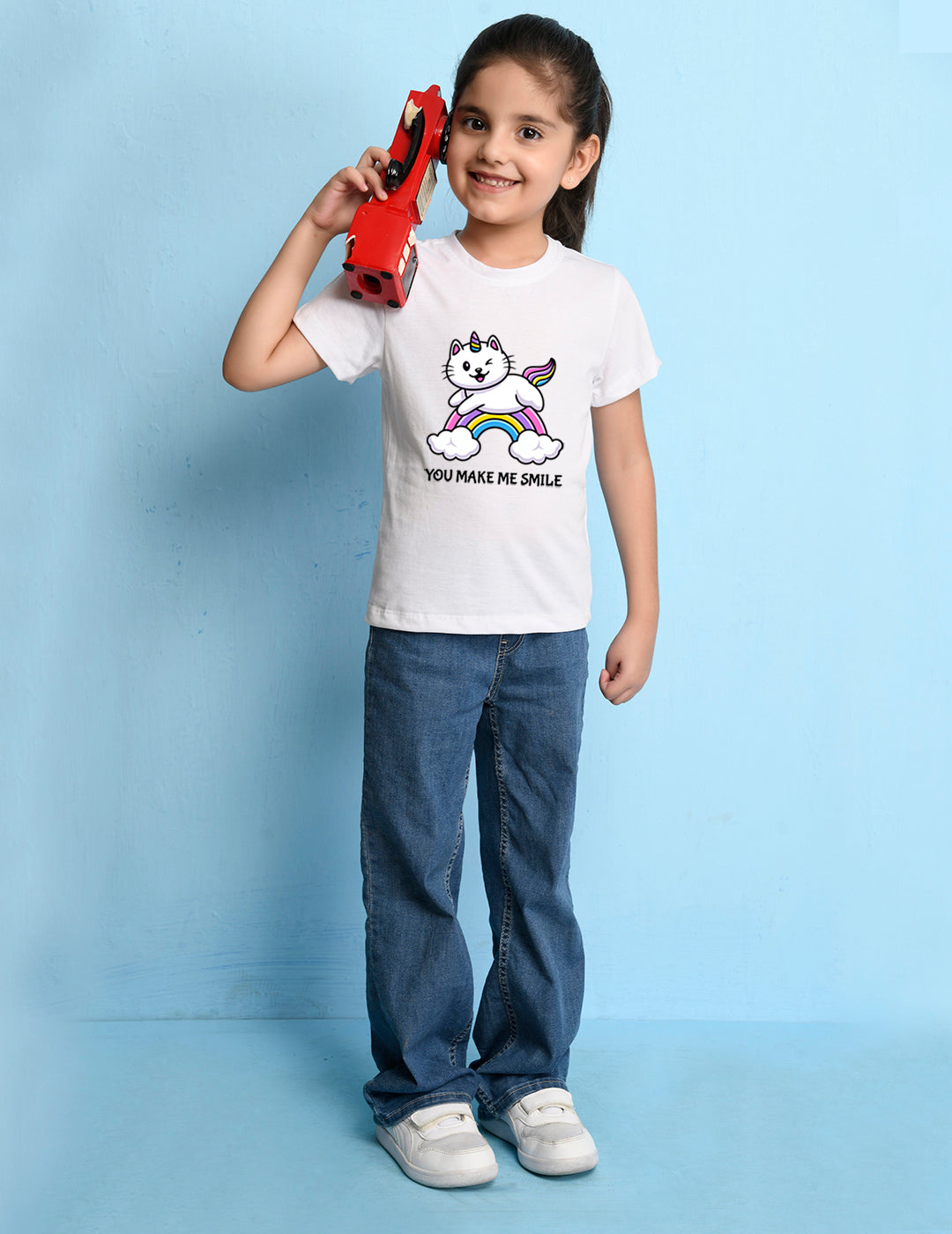 NUSYL Girls Half Sleeves White Cat printed T-shirt