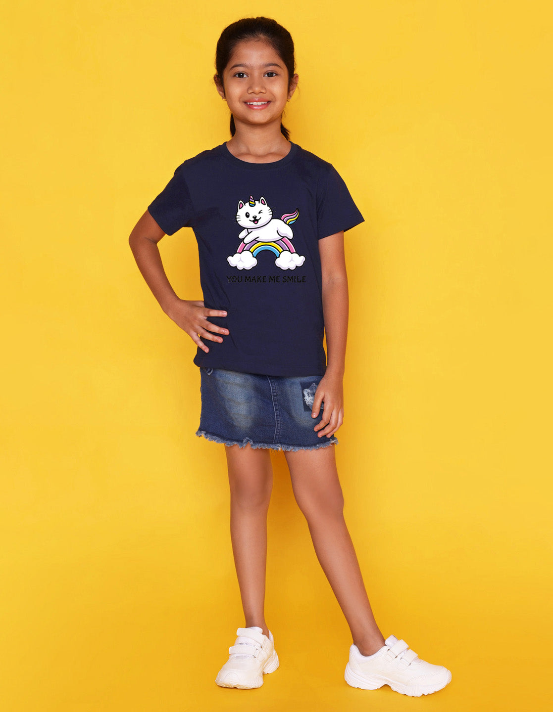 Nusyl Girls Navy Blue Unicorn cat & rainbow Printed Half Sleeves T-Shirt
