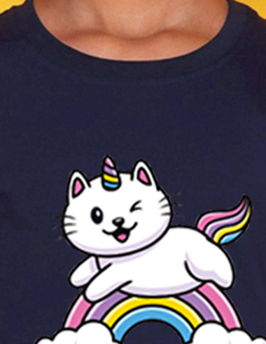 Nusyl Girls Navy Blue Unicorn cat & rainbow Printed Half Sleeves T-Shirt