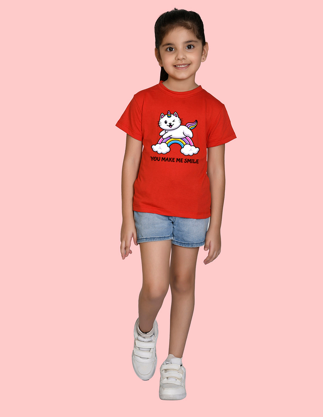 NUSYL Girls Half Sleeves Red Cat printed T-shirt