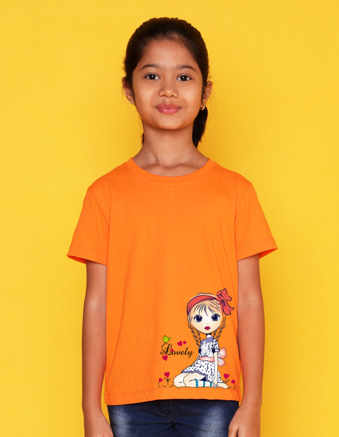 Nusyl Girls Orange Pretty Girl Printed Half Sleeves T-Shirt