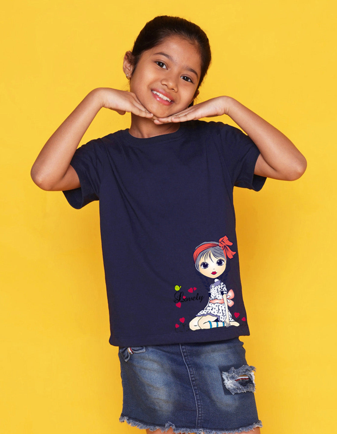 Nusyl Girls Navy Blue Pretty Girl Printed Half Sleeves T-Shirt