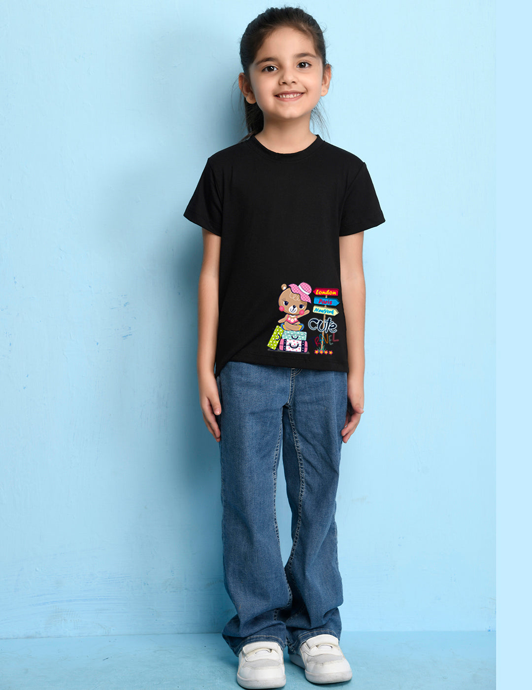 NUSYL Girls Half Sleeves Black Teddy bear printed T-shirt