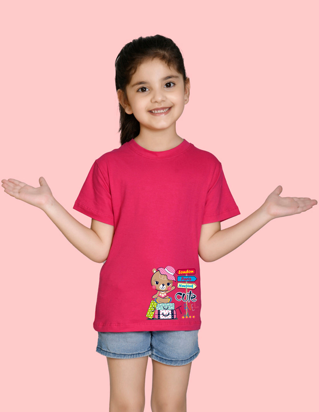 NUSYL Girls Half Sleeves Pink Teddy bear printed T-shirt