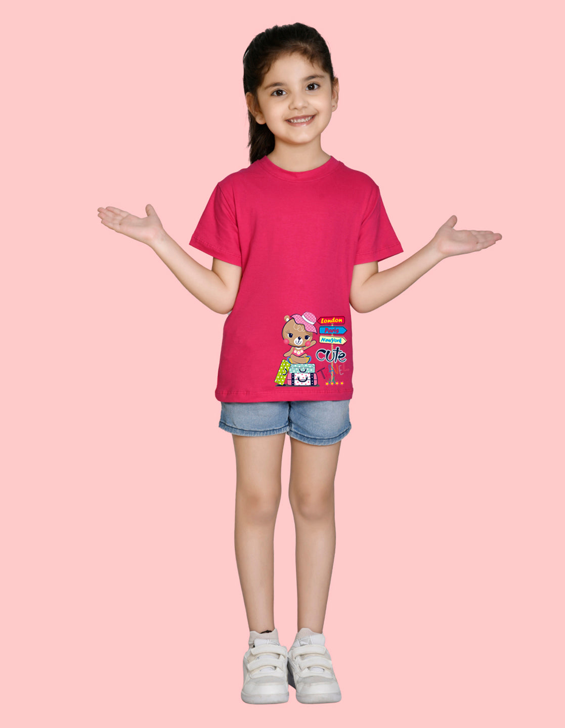 NUSYL Girls Half Sleeves Pink Teddy bear printed T-shirt