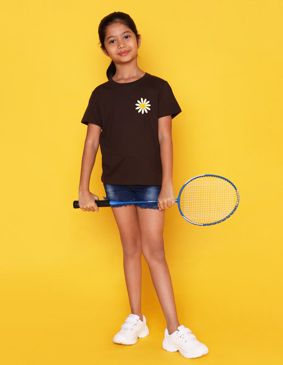 Nusyl Girls Brown Flowers Printed Half Sleeves T-Shirt
