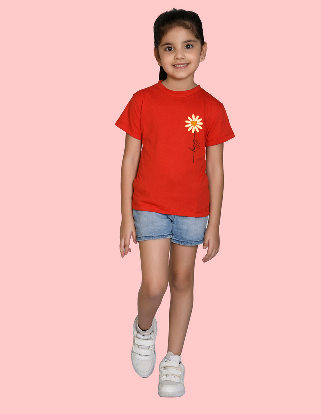 NUSYL Girls Half Sleeves Red Sun flower printed T-shirt