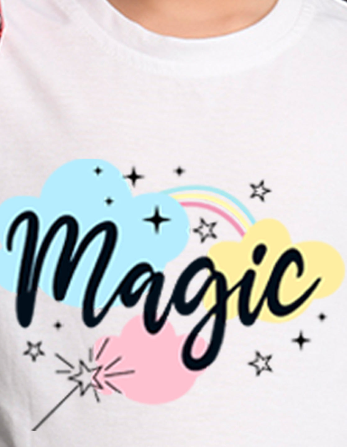 Nusyl Girls White Magic Printed Half Sleeves T-Shirt
