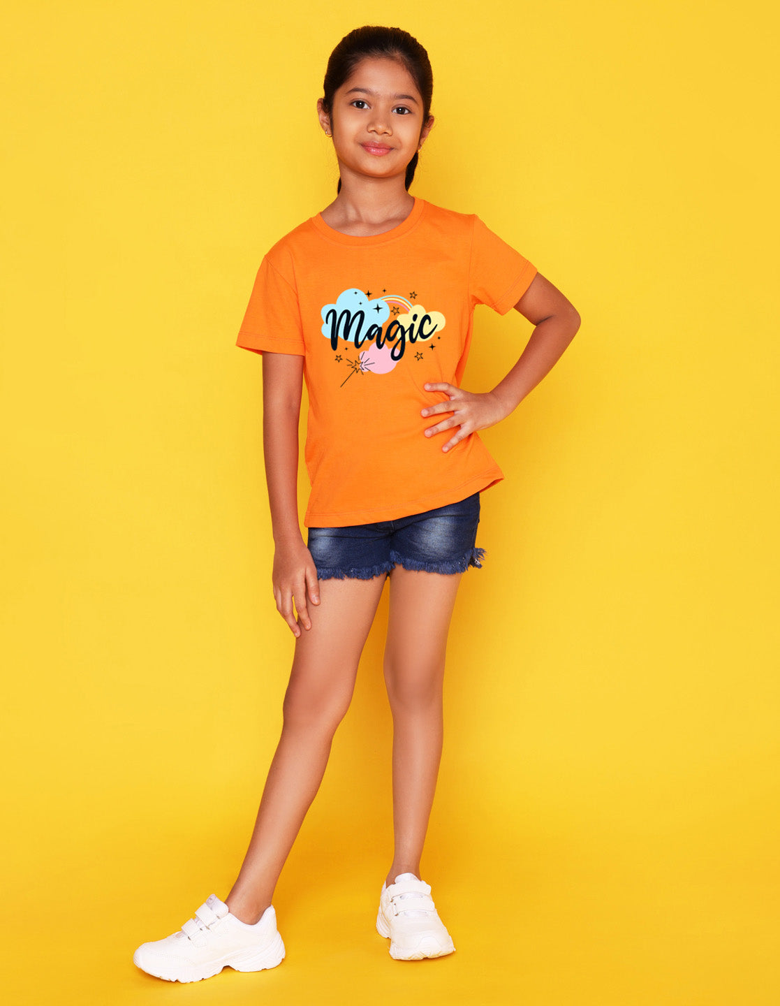Nusyl Girls Orange Magic Printed Half Sleeves T-Shirt