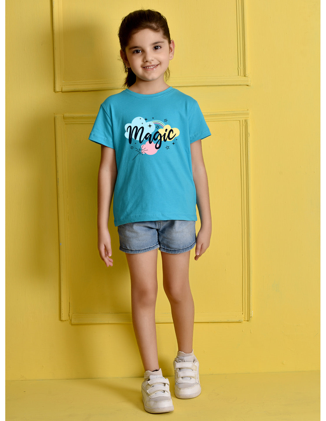 Nusyl Girls Sky Blue Magic Printed Half Sleeves T-Shirt