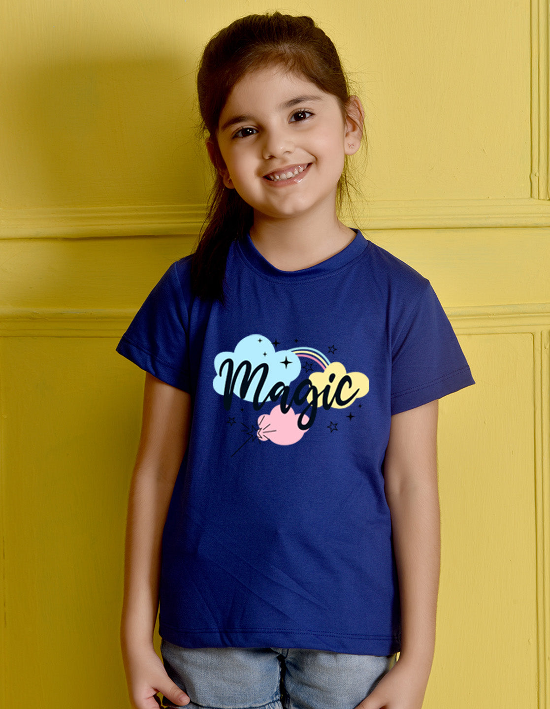 NUSYL Girls Royal Blue Magic Text Printed Half sleeve t-Shirt