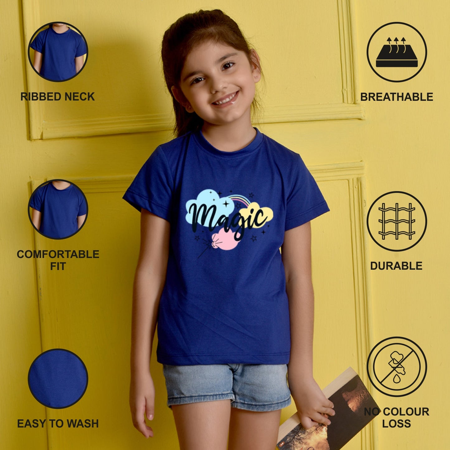 NUSYL Girls Royal Blue Magic Text Printed Half sleeve t-Shirt